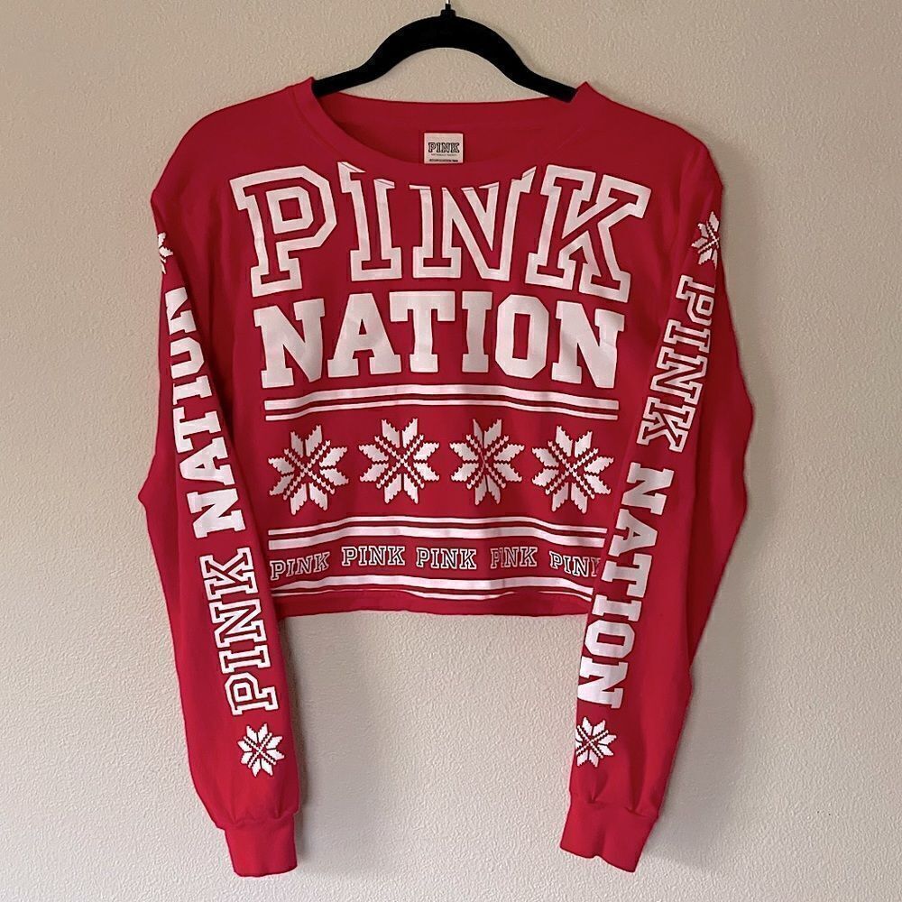 New! PINK (Victoria’s Secret) Red & White, Long-Sleeve, Cropped Shirt. Size XS.